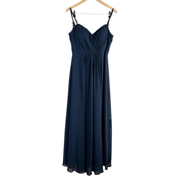 Azazie A-Line Pleated Chiffon Bridesmaid Dress Lace V Back in Navy Blue, Size A8 - Picture 2 of 13
